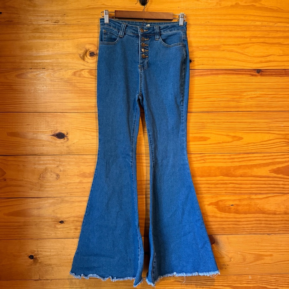 High-Waisted Blue Flare Jeans with Button Fly